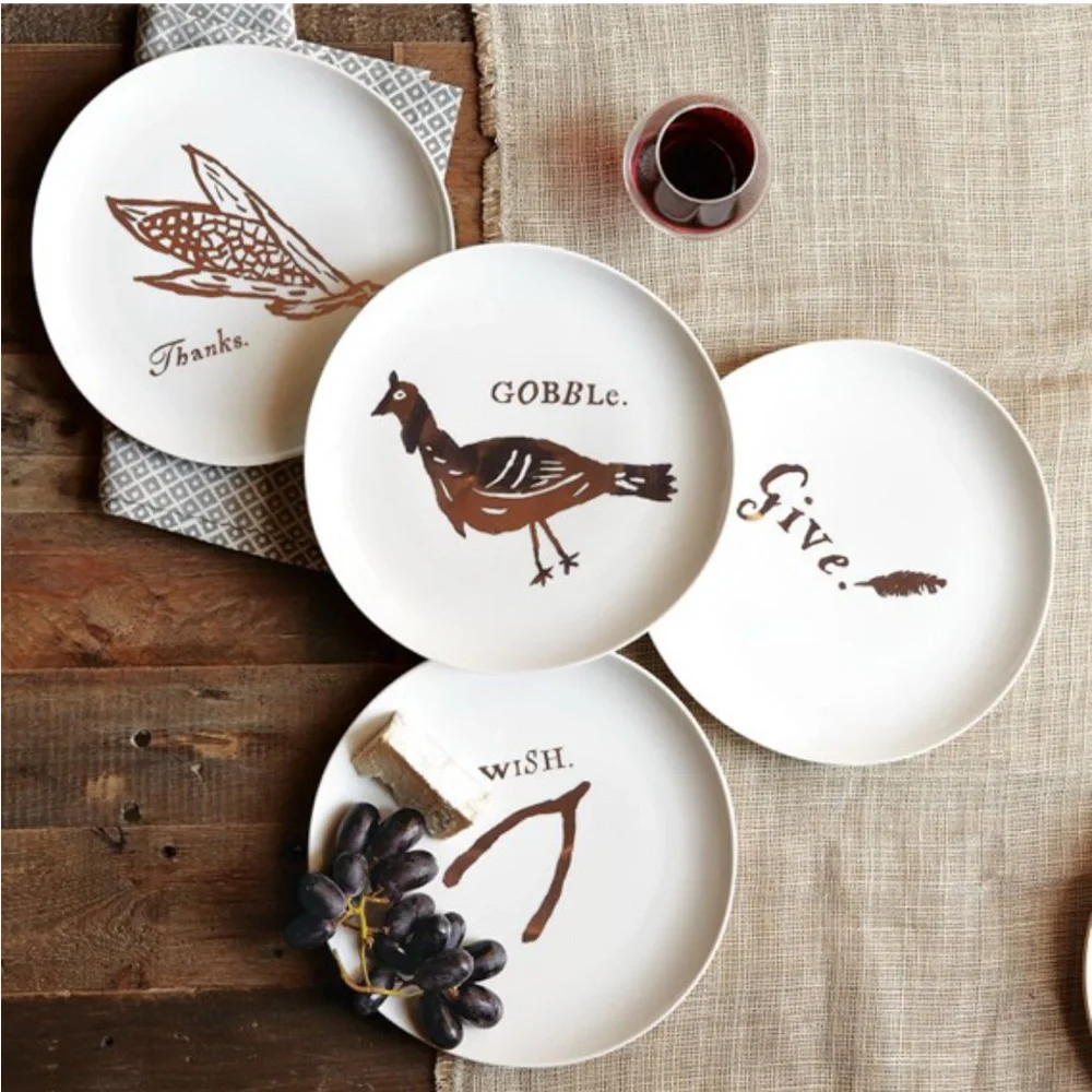 West Elm Thanksgiving White and Silver Dinnerware Plate 8.5” Thanks